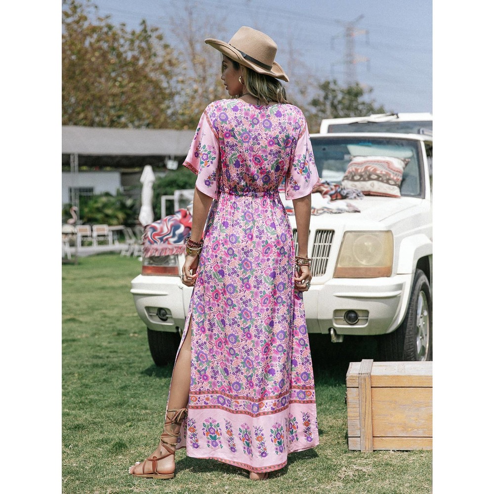 ❗️ Floral Print Trumpet Sleeve Split Thigh Tassel Waist maxi Dress boho pink - Picture 3 of 6